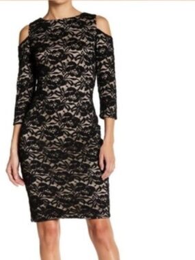 Eliza J Women's Black and Nude Lace Cold Shoulder Sheath Dress Size 6
